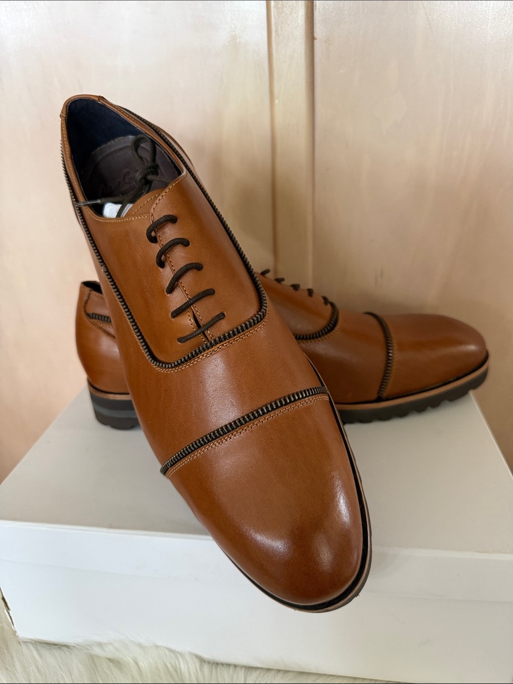 Robert Graham 13D Bolton Zipper trim Cognac Leather Lace-Up Oxfords NIB